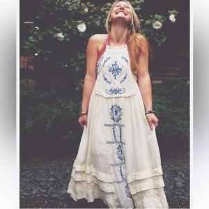 Free People Diamonds In The Sky White Blue Embroidered Long Festival Dress Sz S